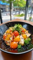 Salad featuring colorful cherry tomatoes and fresh herbs in an urban setting photo