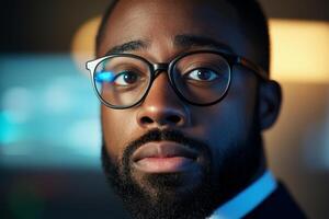 Professional man with glasses looks thoughtfully toward the camera in a modern office setting during evening hours photo