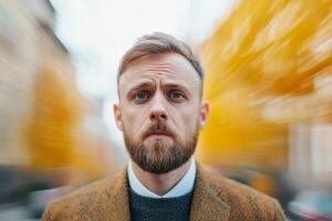 Man in a suit walks down a street surrounded by autumn colors during a cloudy day in a city photo