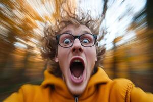 Excited person in an orange jacket expressing joy in a forest during autumn with blurred motion background photo