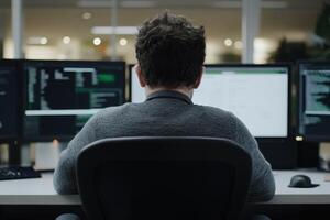 Man working at multiple computer screens in an office setting during evening hours photo