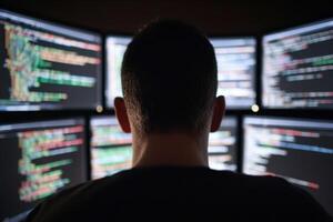 Person analyzing code on multiple computer screens in a dimly lit workspace during evening hours photo