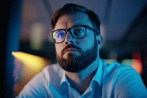 Young man focused on laptop screen in a dimly lit workspace during nighttime photo