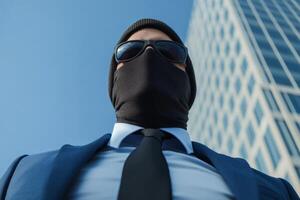 Businessman wearing sunglasses and a mask stands confidently in a modern urban setting during daylight hours photo