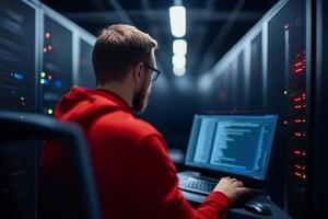 Backend developer coding in a server room at night with multiple screens and data servers photo