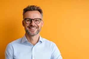 Smiling middle-aged man with glasses stands against a vibrant orange background during a bright afternoon photo