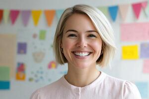 Smiling woman with short blonde hair in a colorful room decorated with bunting and bright artwork photo
