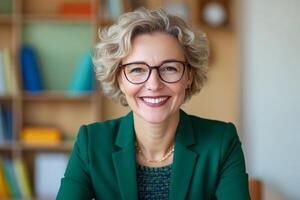 Confident businesswoman smiling in a modern office setting during daylight hours photo
