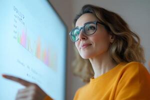 Woman presenting data on a screen during a business meeting in a bright, modern office environment photo