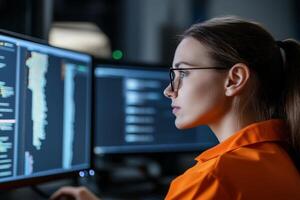 Woman coding in a dimly lit workspace with multiple computer screens displaying programming languages photo