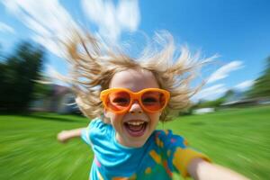 Child enjoying a sunny day while running on green grass with joyful laughter and flowing hair,motion blur photo
