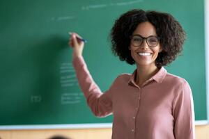 Engaging teacher smiles while writing on chalkboard in classroom full of students during lesson photo