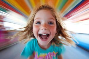 A young girl with flowing hair spins joyfully at a carnival, her laughter radiating as colorful stripes blur around her, capturing the essence of childhood delight photo