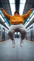 Young person in an orange hoodie jumps joyfully in a subway station during daytime photo