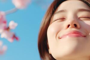 Woman enjoys warm sunlight while surrounded by cherry blossoms in a serene outdoor setting on a bright spring day photo