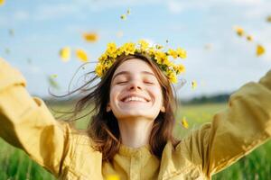 Young woman with flower crown celebrates in a sunny meadow filled with yellow petals during a warm spring day photo