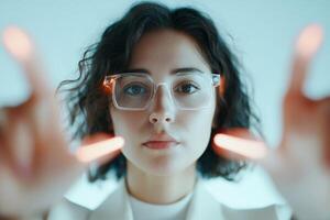 Woman with glasses interacting with glowing elements in a modern environment photo