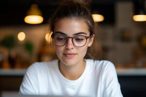 Young woman engaged in online work at a cafe during the evening, showcasing focused expression and modern style photo