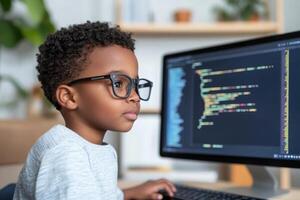 Young child focused on coding at a computer in a home environment showcasing creativity and technology photo