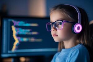 Young girl focused on coding with headphones and computer, showcasing digital skills in a modern setting photo