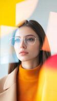 Stylish woman with glasses posing against a colorful background in a modern setting photo