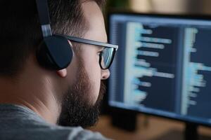 Programmer working on code with headphones in a modern office setting during daytime photo