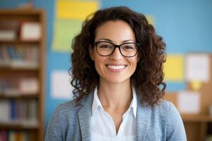Smiling teacher in a classroom showcasing enthusiasm and a positive learning environment photo