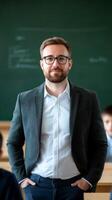 Confident teacher engaging students in a classroom setting during a learning session photo