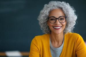 Educator with gray curly hair smiling in classroom during morning hours with chalkboard in background photo
