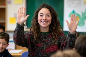 Engaging teacher interacts with students during a classroom activity in a lively learning environment photo
