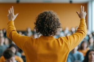 Engaging lecture in a vibrant classroom with a passionate speaker interacting with students photo