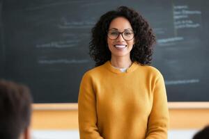 Teacher engages students in a warm classroom setting during a lesson on a sunny afternoon photo