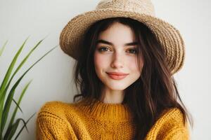 Young woman with brown hair wearing a knitted sweater and straw hat poses warmly against a light background in a cozy indoor setting photo