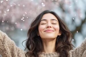 Young woman enjoys spring day surrounded by cherry blossoms while petals fall softly around her in a serene park setting photo
