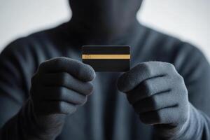 Man in black gloves holding a black card against a light background suggesting identity theft or fraud activities photo