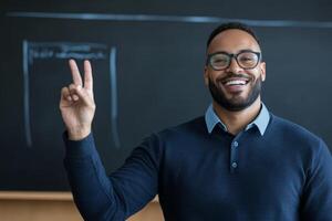 Smiling teacher gestures peace sign in classroom with chalkboard during lesson photo