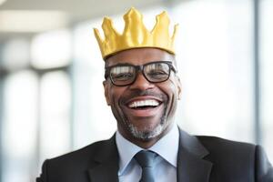 A smiling black man wearing a gold crown photo