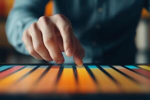 Person interacts with a vibrant touchscreen display in a tech workspace during a creative session photo