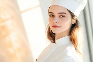 Young chef wearing a white uniform and hat smiles confidently in a bright kitchen environment during daytime hours photo