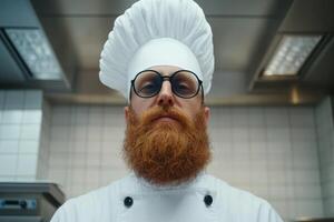 Chef with a full beard and glasses stands confidently in a modern kitchen preparing for a culinary creation photo
