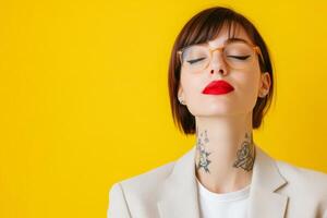 Stylish woman with tattoos and glasses posing against a vibrant yellow background in a creative indoor setting photo