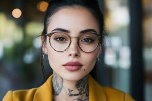 Confident young woman with tattoos and glasses in a modern cafe setting during daytime photo