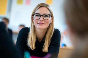 Student engages with instructor during classroom discussion in a modern educational setting photo