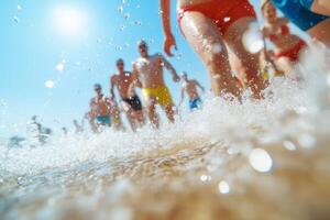 People enjoying a sunny day at the beach while splashing through shallow water during summer photo