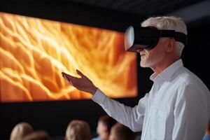 Elderly man experiences virtual reality technology in an immersive environment during a demonstration event photo