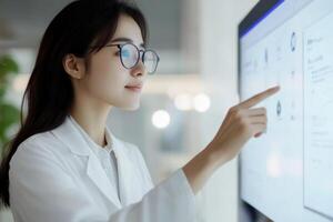 Medical professional engages with interactive technology in a modern healthcare environment photo