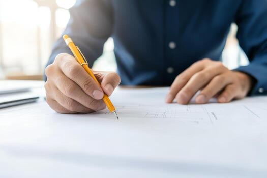Individual sketching architectural plans on a large sheet of paper in a bright workspace photo