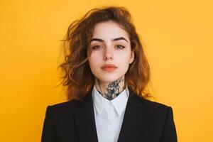 Confident young woman with a distinctive tattoo poses against a bright yellow background in professional attire photo