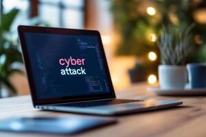 Computer displaying warning about cyber attack during a work session in a cozy office space photo