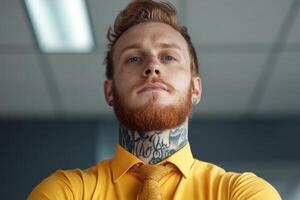 Confident man in yellow shirt and tie poses for a professional portrait in an office setting photo